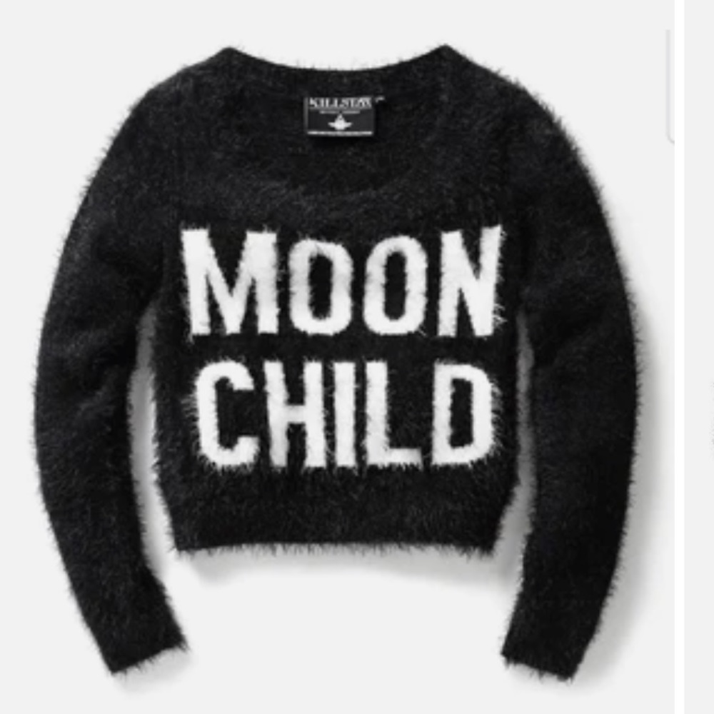 Killstar Black And White Fuzzy “ Moon Child “ Cropped Gothic Punk Sweater S